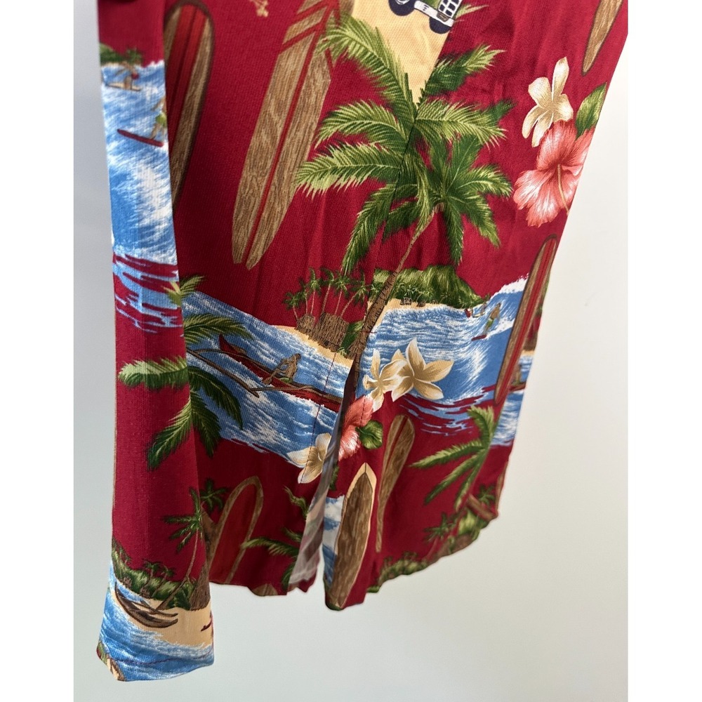 Hilo Hattie Red Tropical Scenic Surfboard Rayon Midi Dress Small Hawaiian Floral - Picture 7 of 14